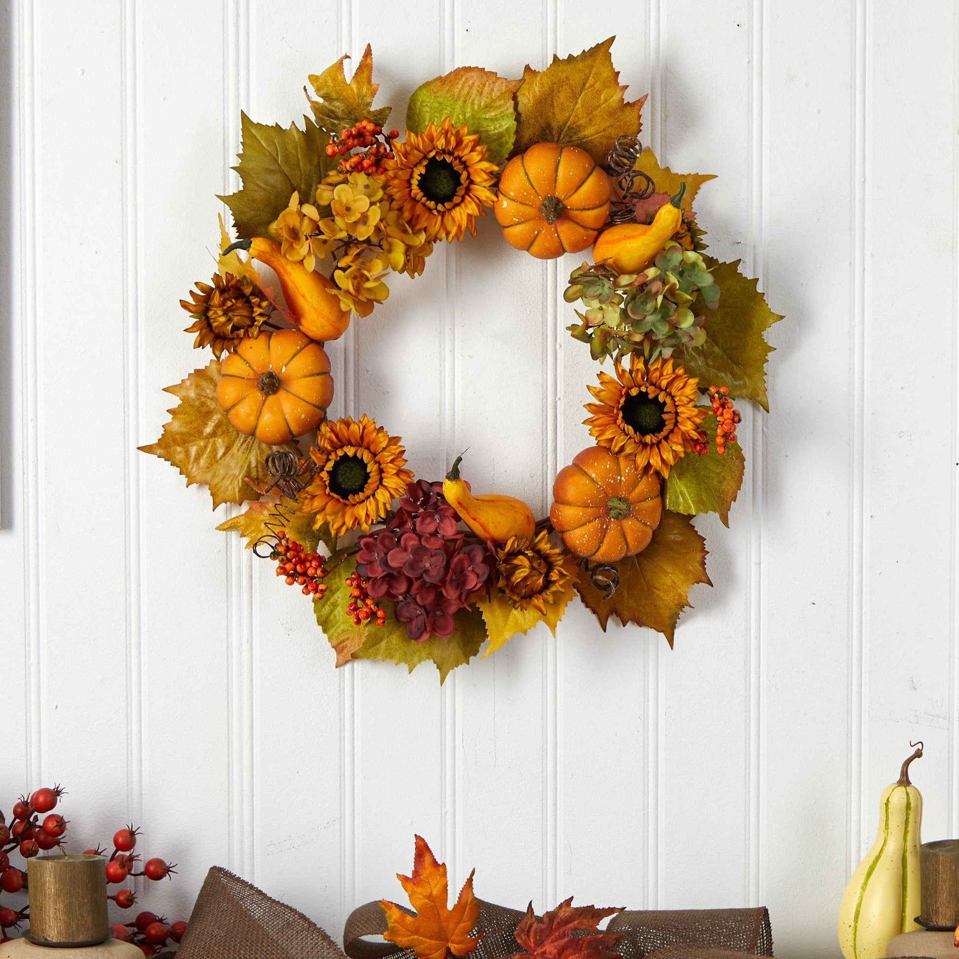 22” Autumn Hydrangea, Pumpkin and Sunflower Artificial Fall Wreath - TheBOX
