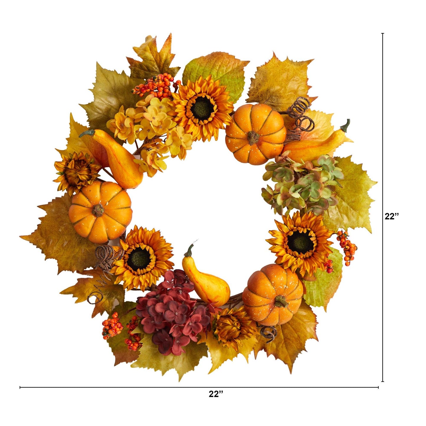 22” Autumn Hydrangea, Pumpkin and Sunflower Artificial Fall Wreath - TheBOX