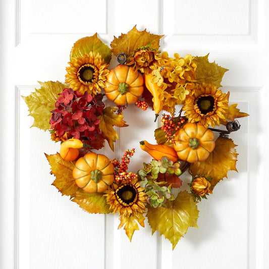 22” Autumn Hydrangea, Pumpkin and Sunflower Artificial Fall Wreath - TheBOX