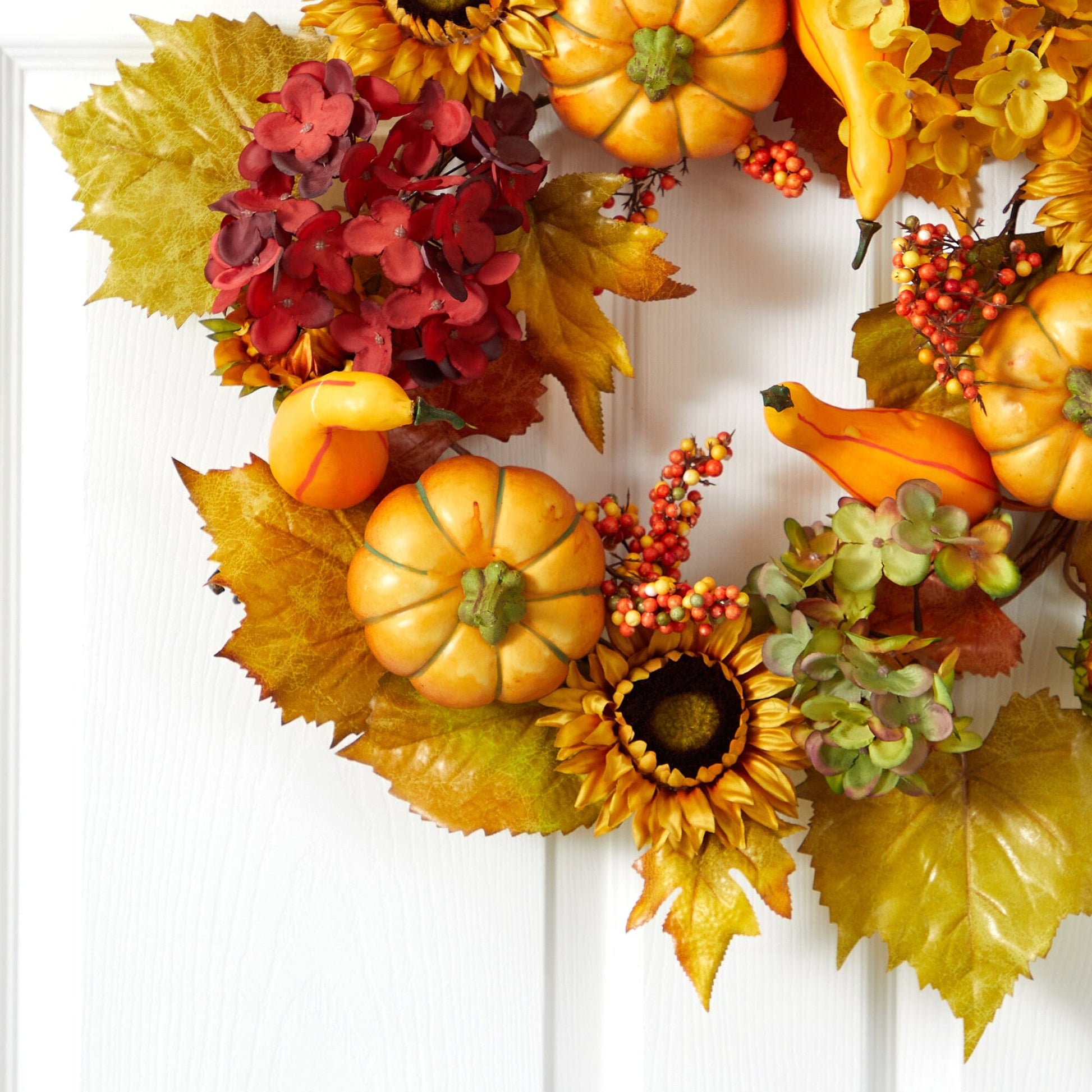 22” Autumn Hydrangea, Pumpkin and Sunflower Artificial Fall Wreath - TheBOX