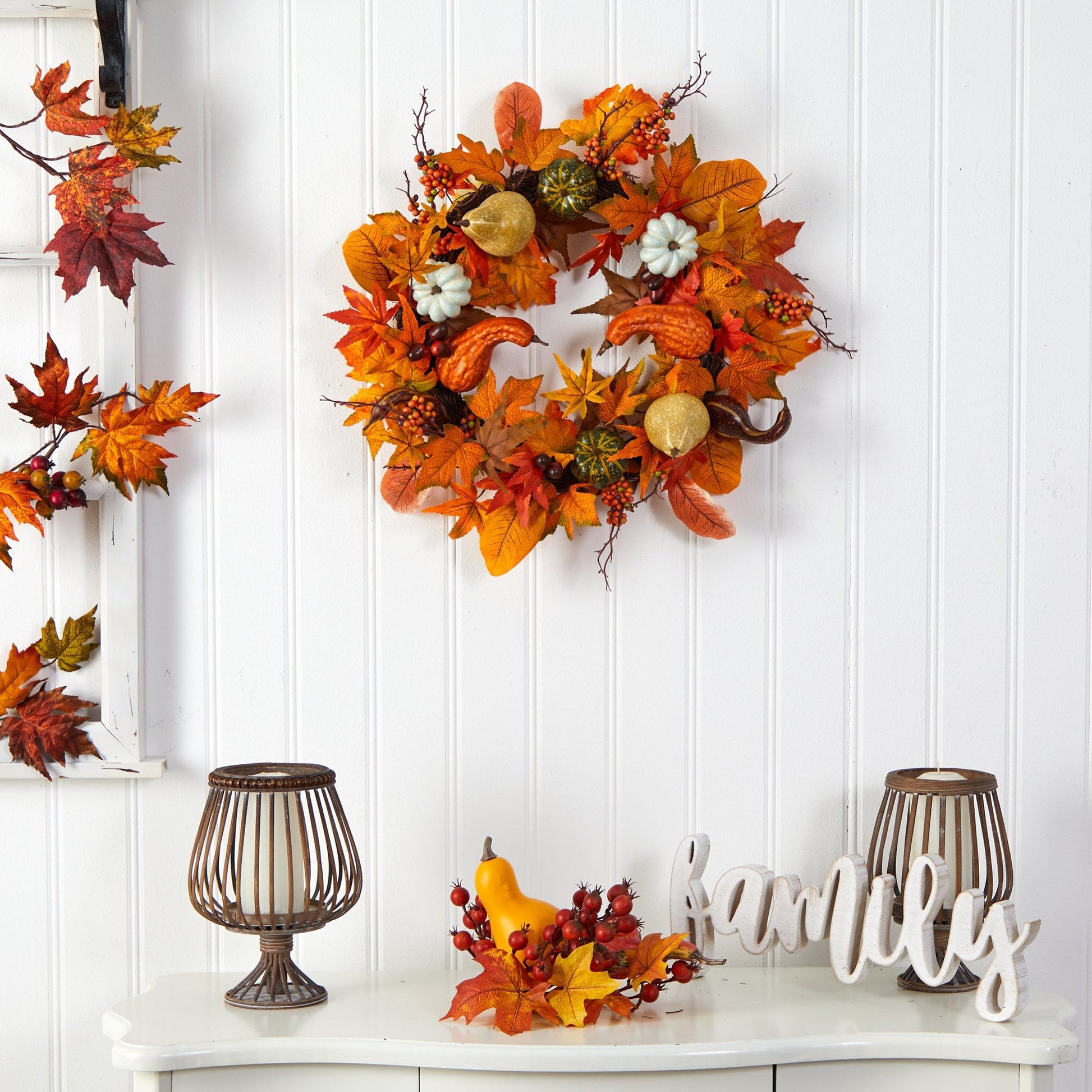24” Autumn Pumpkin, Gourd and Berries in Assorted Colors Artificial Fall Wreath - TheBOX