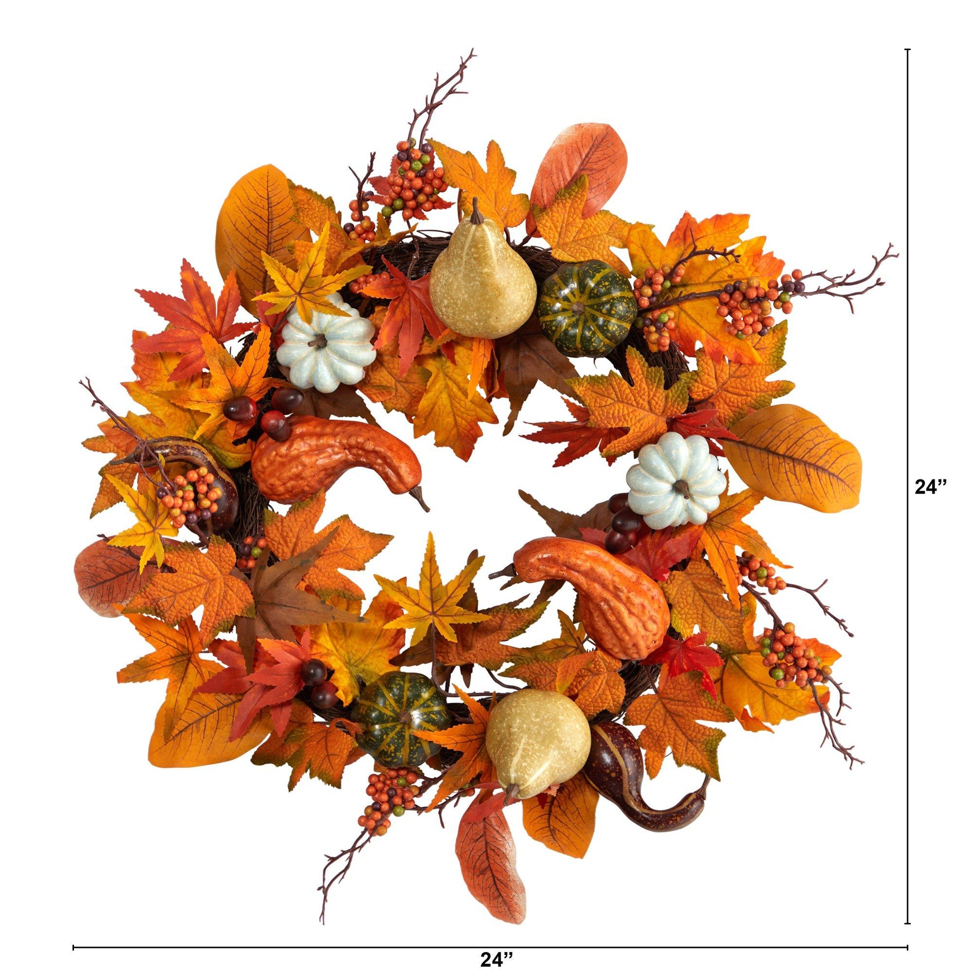 24” Autumn Pumpkin, Gourd and Berries in Assorted Colors Artificial Fall Wreath - TheBOX