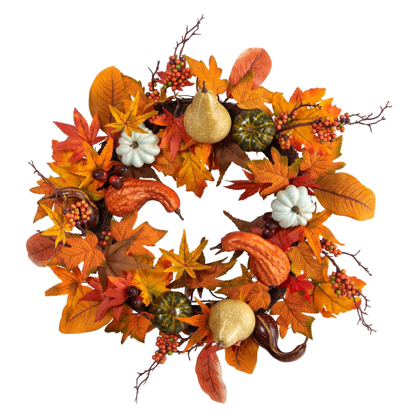24” Autumn Pumpkin, Gourd and Berries in Assorted Colors Artificial Fall Wreath - TheBOX