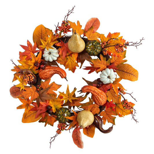 24” Autumn Pumpkin, Gourd and Berries in Assorted Colors Artificial Fall Wreath - TheBOX
