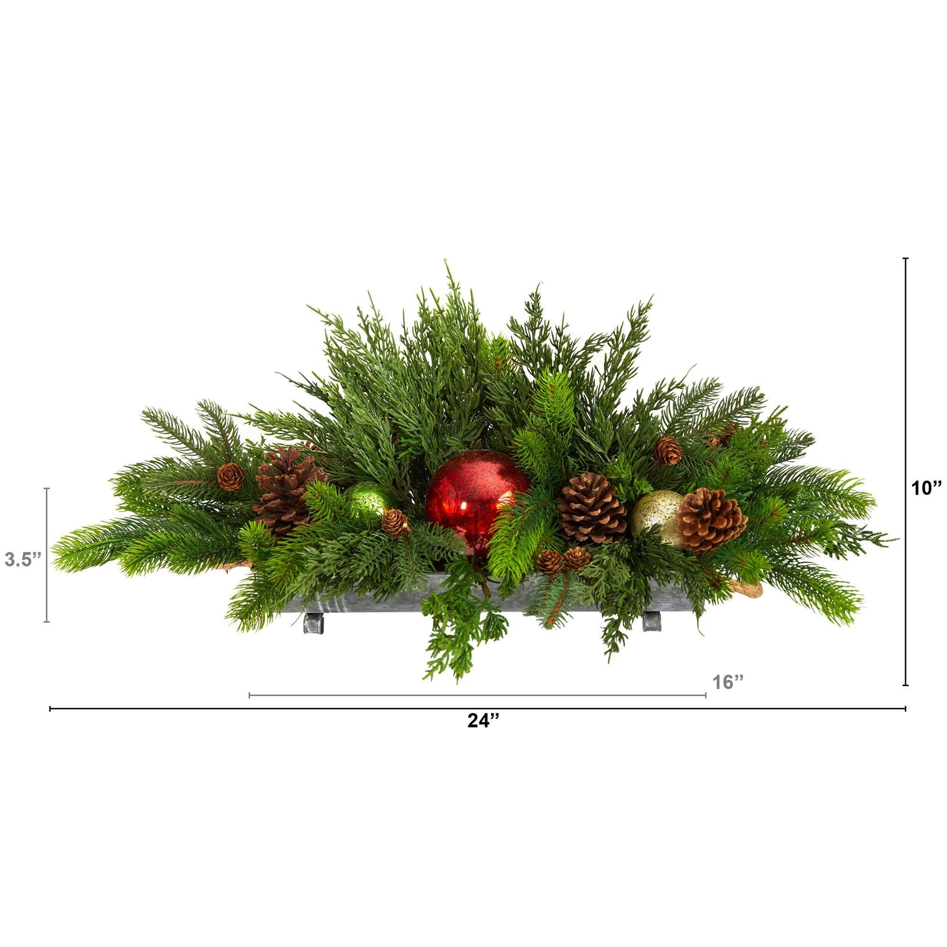 24” Cedar Pine, Pinecones and Ornaments Artificial Christmas Arrangement in Tin Vase - TheBOX