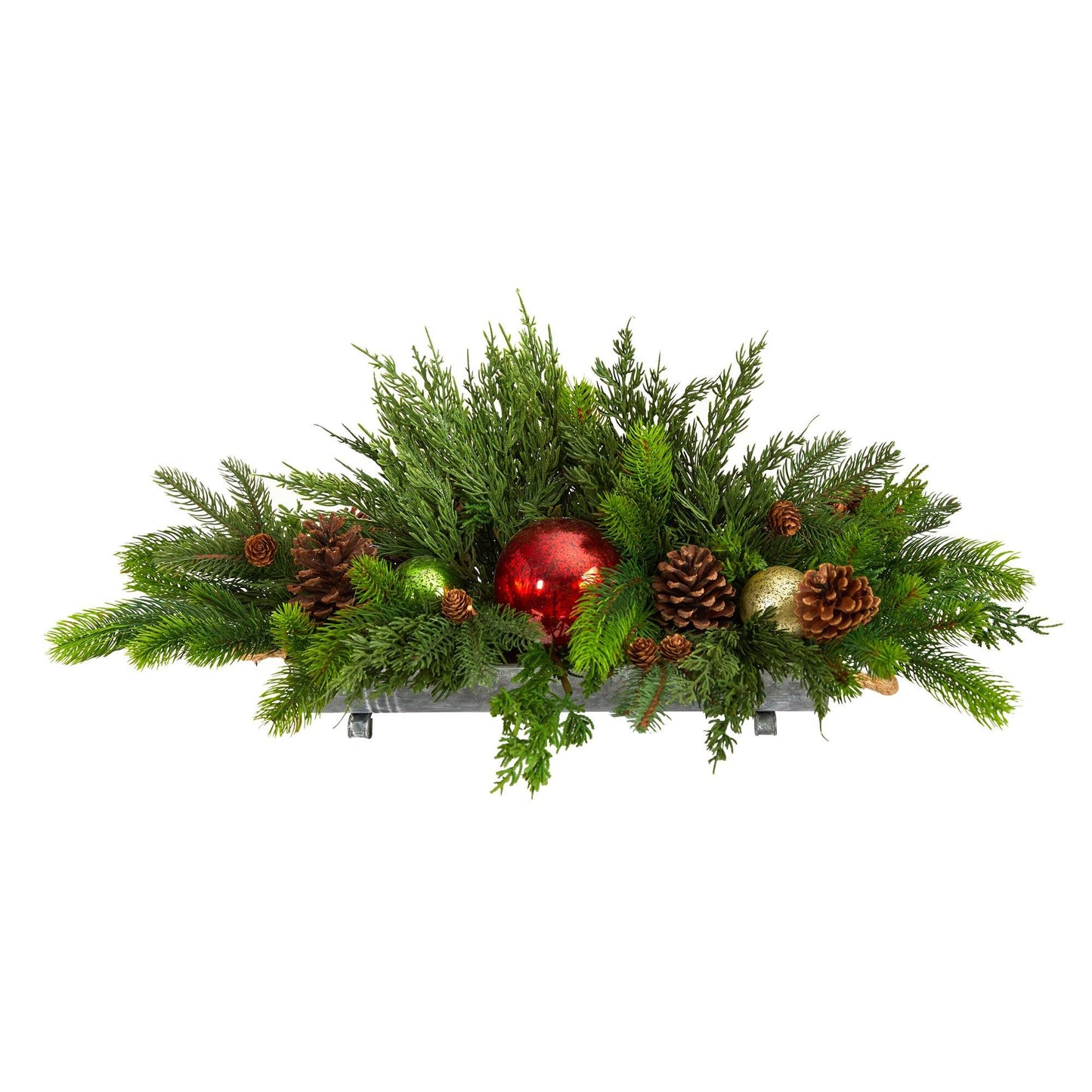 24” Cedar Pine, Pinecones and Ornaments Artificial Christmas Arrangement in Tin Vase - TheBOX