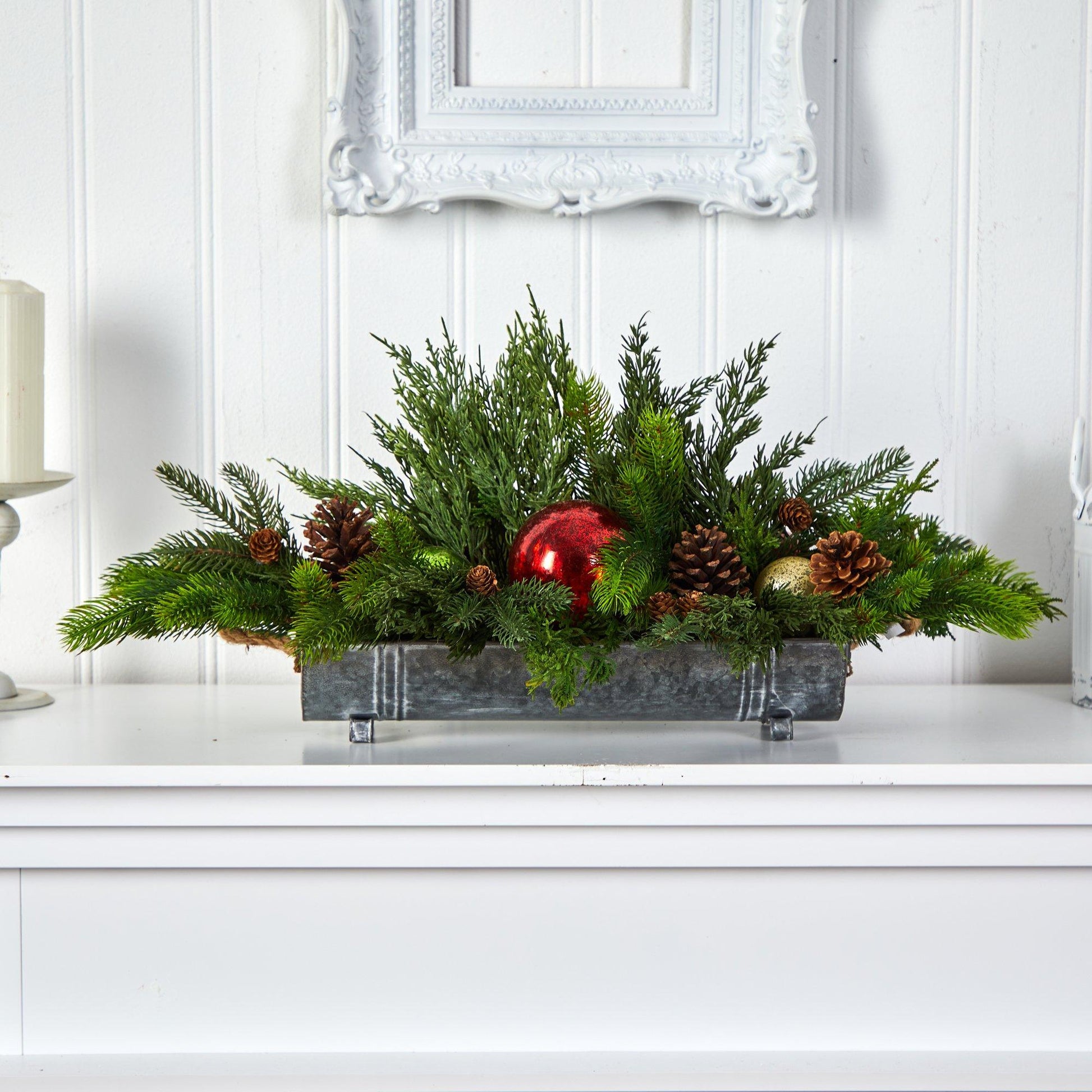 24” Cedar Pine, Pinecones and Ornaments Artificial Christmas Arrangement in Tin Vase - TheBOX