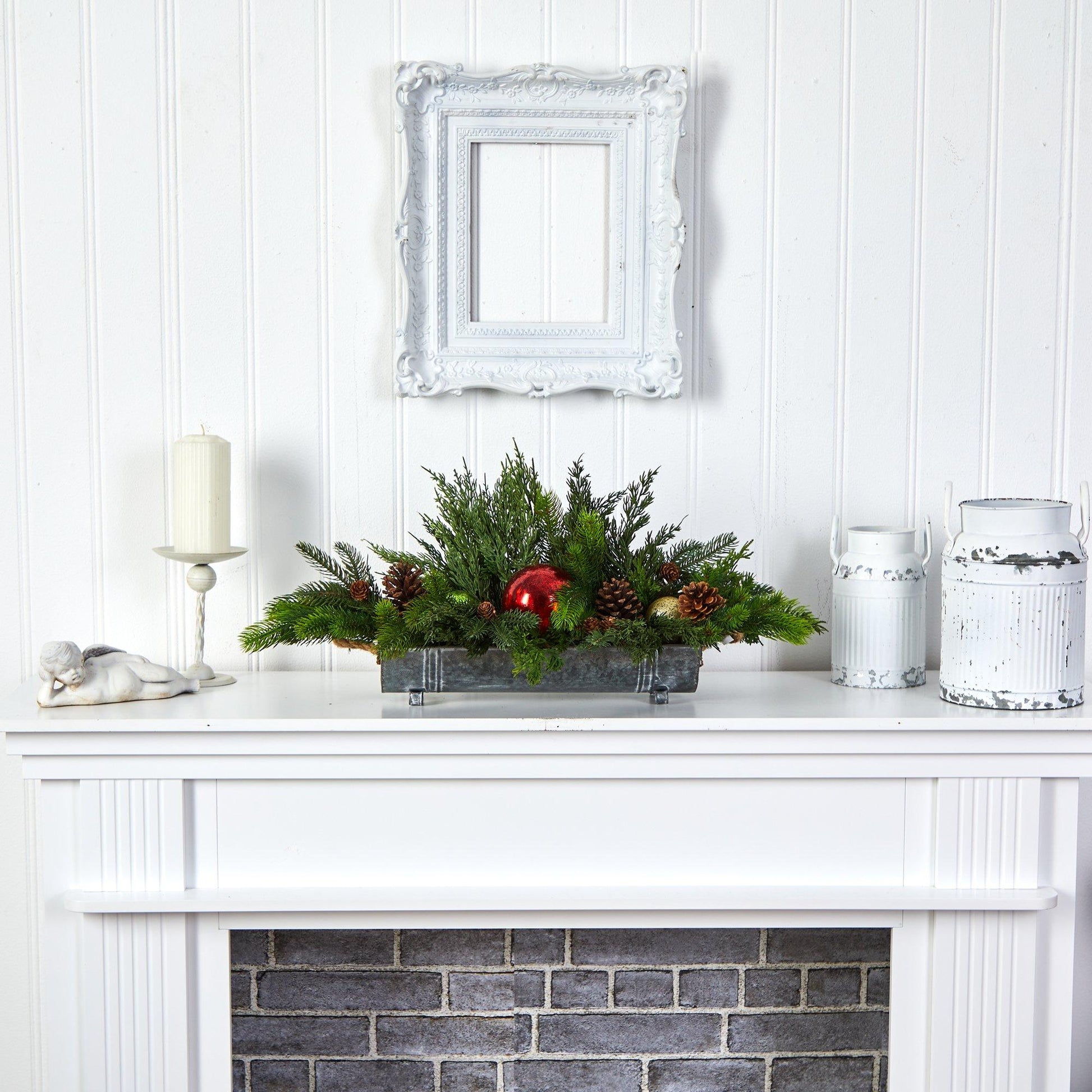24” Cedar Pine, Pinecones and Ornaments Artificial Christmas Arrangement in Tin Vase - TheBOX
