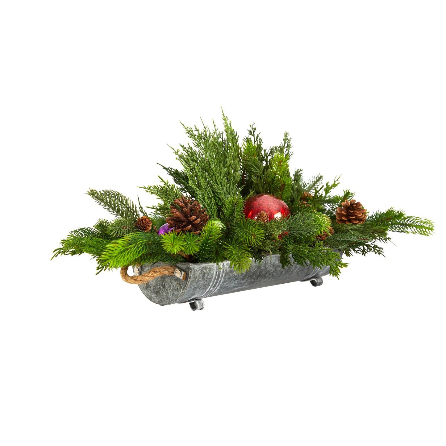 24” Cedar Pine, Pinecones and Ornaments Artificial Christmas Arrangement in Tin Vase - TheBOX