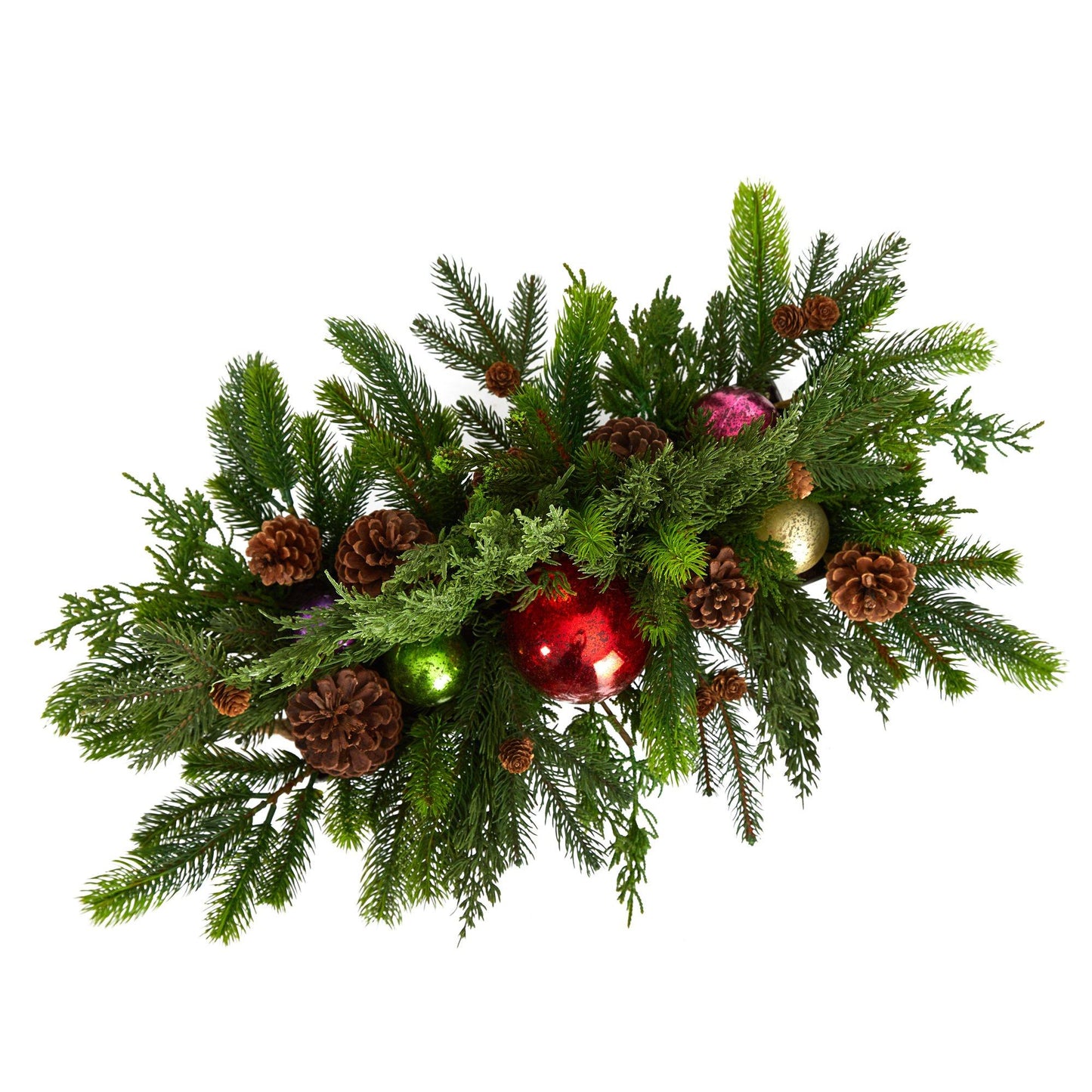 24” Cedar Pine, Pinecones and Ornaments Artificial Christmas Arrangement in Tin Vase - TheBOX