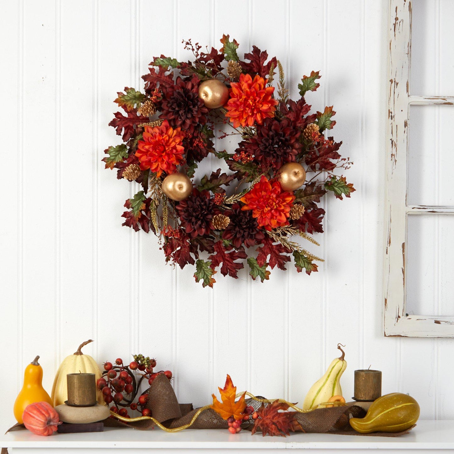 24” Fall Dahlia, Golden Apple, Oak Leaf and Berries Autumn Artificial Wreath - TheBOX