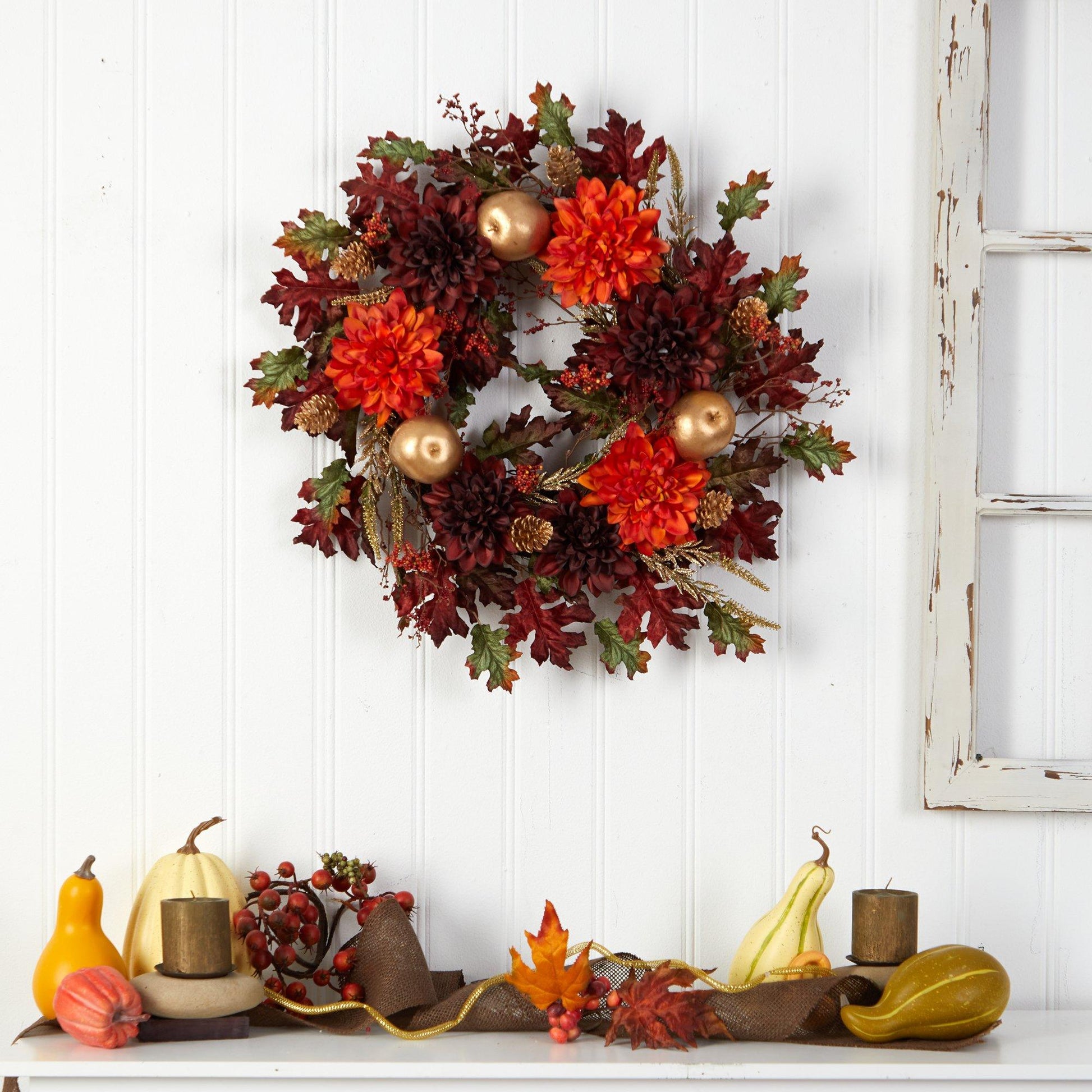 24” Fall Dahlia, Golden Apple, Oak Leaf and Berries Autumn Artificial Wreath - TheBOX