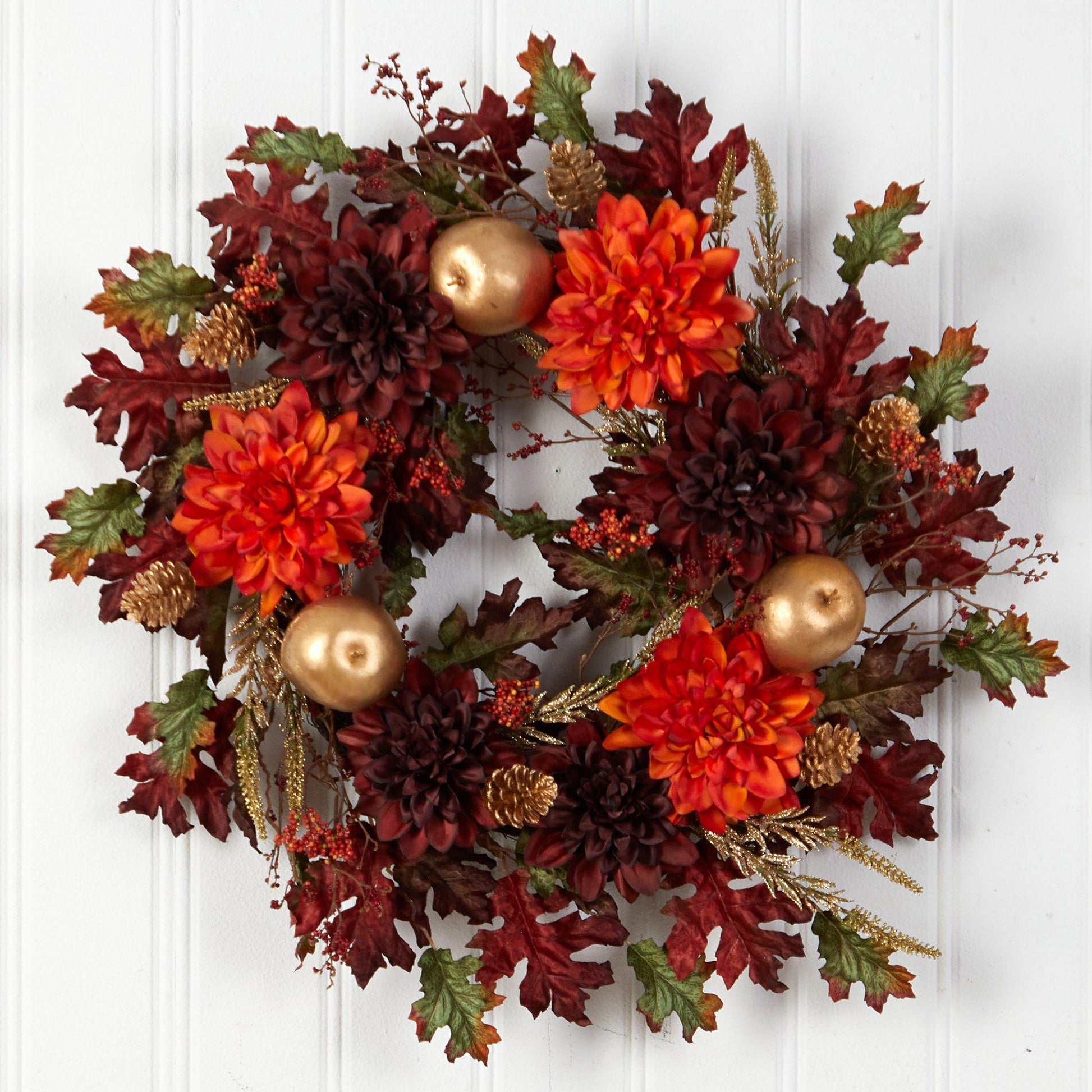24” Fall Dahlia, Golden Apple, Oak Leaf and Berries Autumn Artificial Wreath - TheBOX