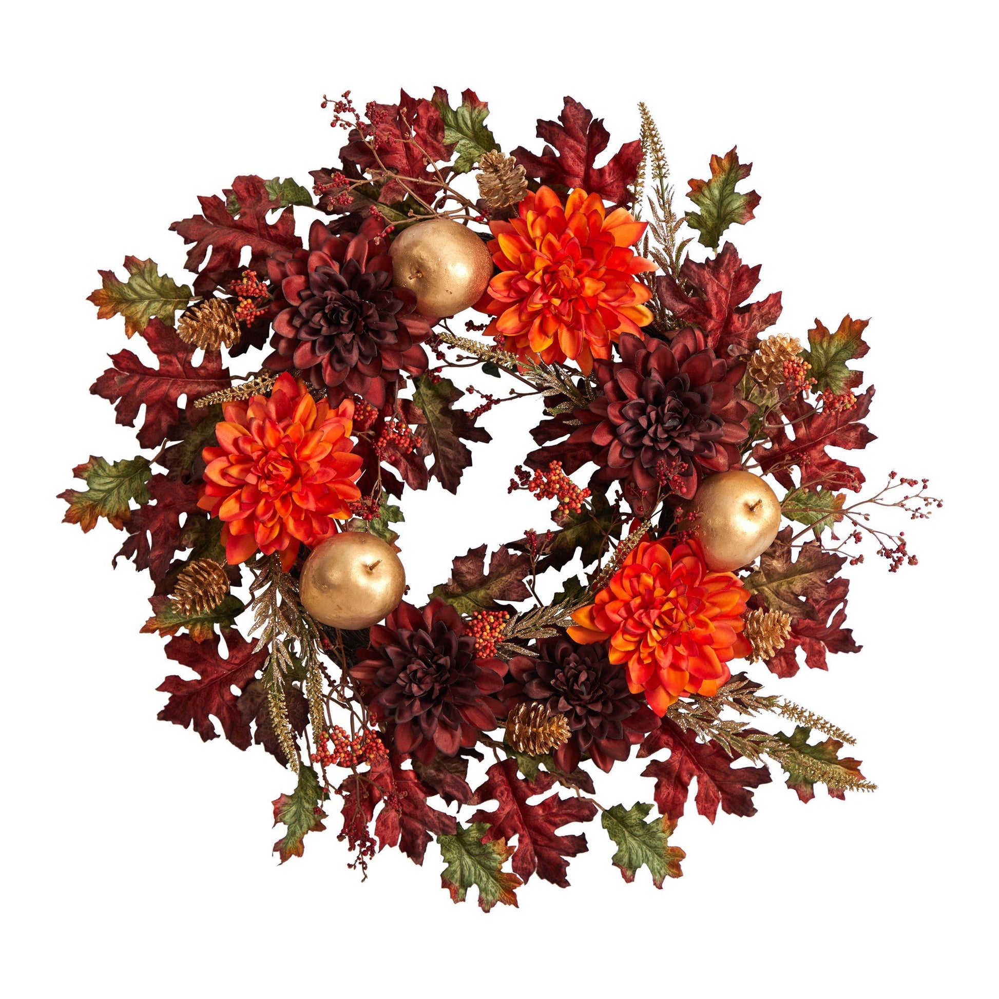 24” Fall Dahlia, Golden Apple, Oak Leaf and Berries Autumn Artificial Wreath - TheBOX