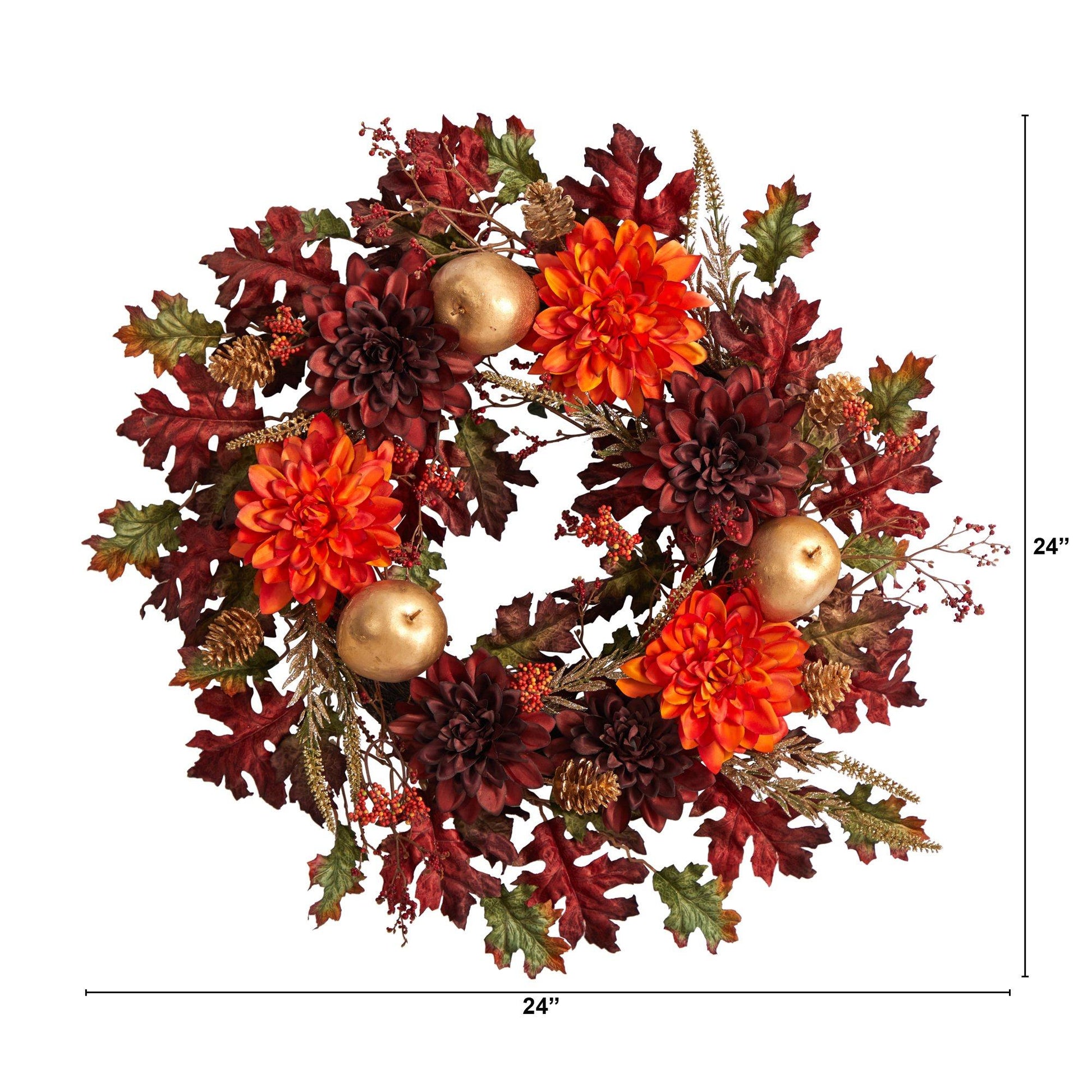24” Fall Dahlia, Golden Apple, Oak Leaf and Berries Autumn Artificial Wreath - TheBOX