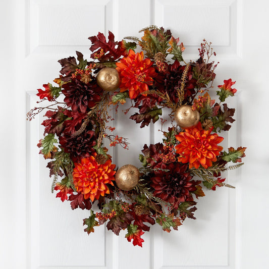 24” Fall Dahlia, Golden Apple, Oak Leaf and Berries Autumn Artificial Wreath - TheBOX