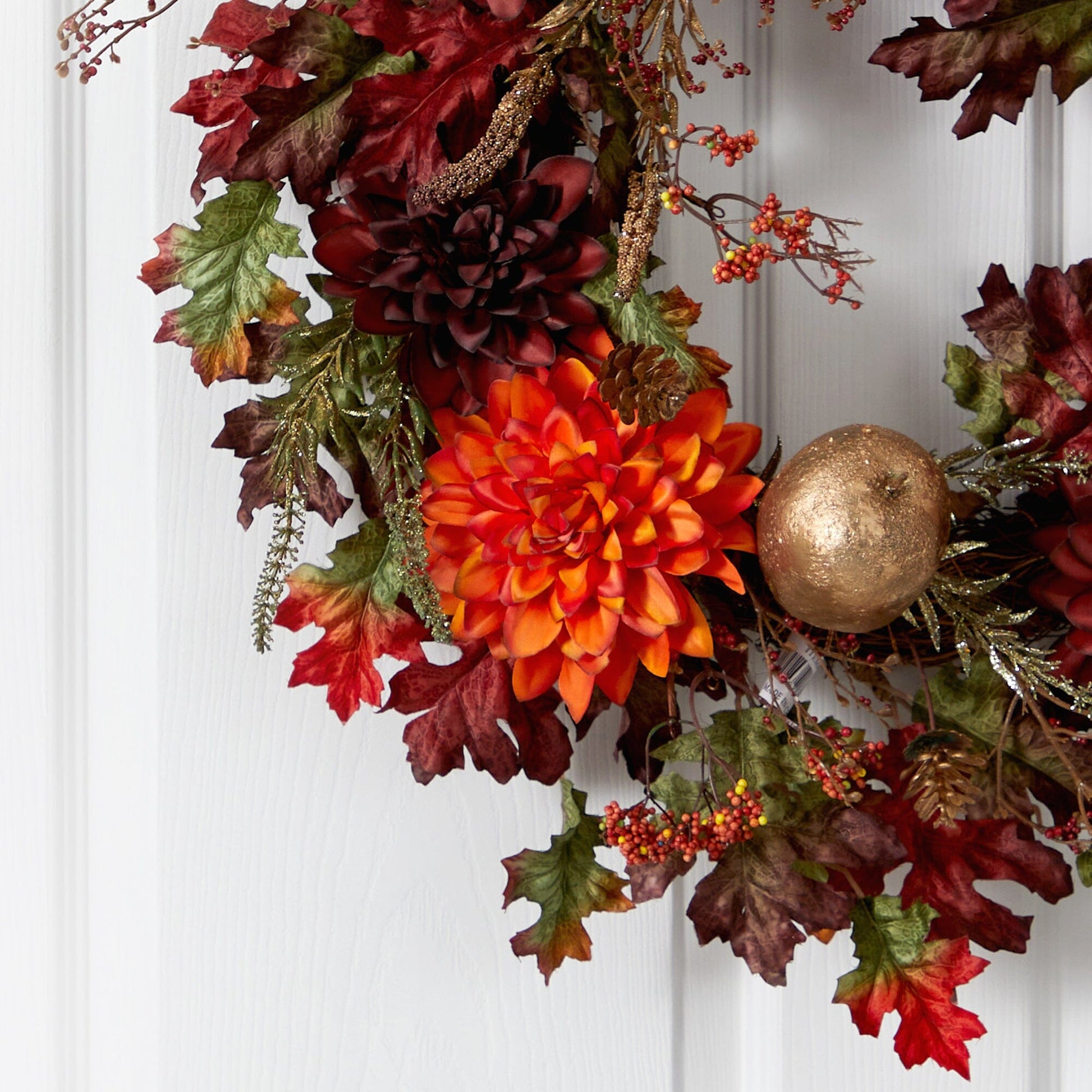 24” Fall Dahlia, Golden Apple, Oak Leaf and Berries Autumn Artificial Wreath - TheBOX