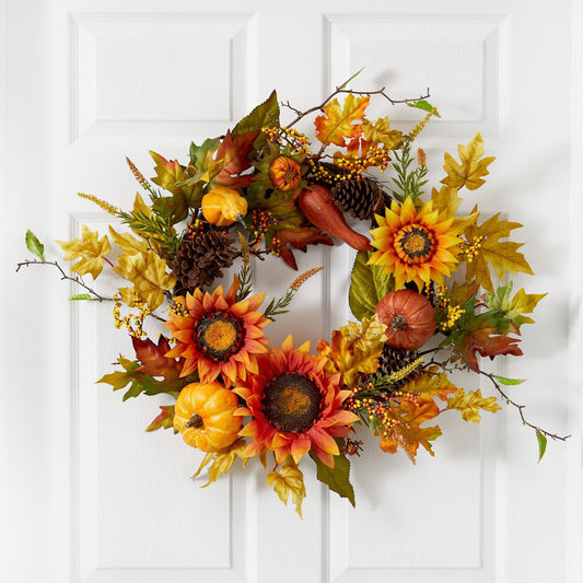 24” Fall Sunflower, Pumpkin, Gourds, Pinecone and Berries Autumn Artificial Wreath - TheBOX
