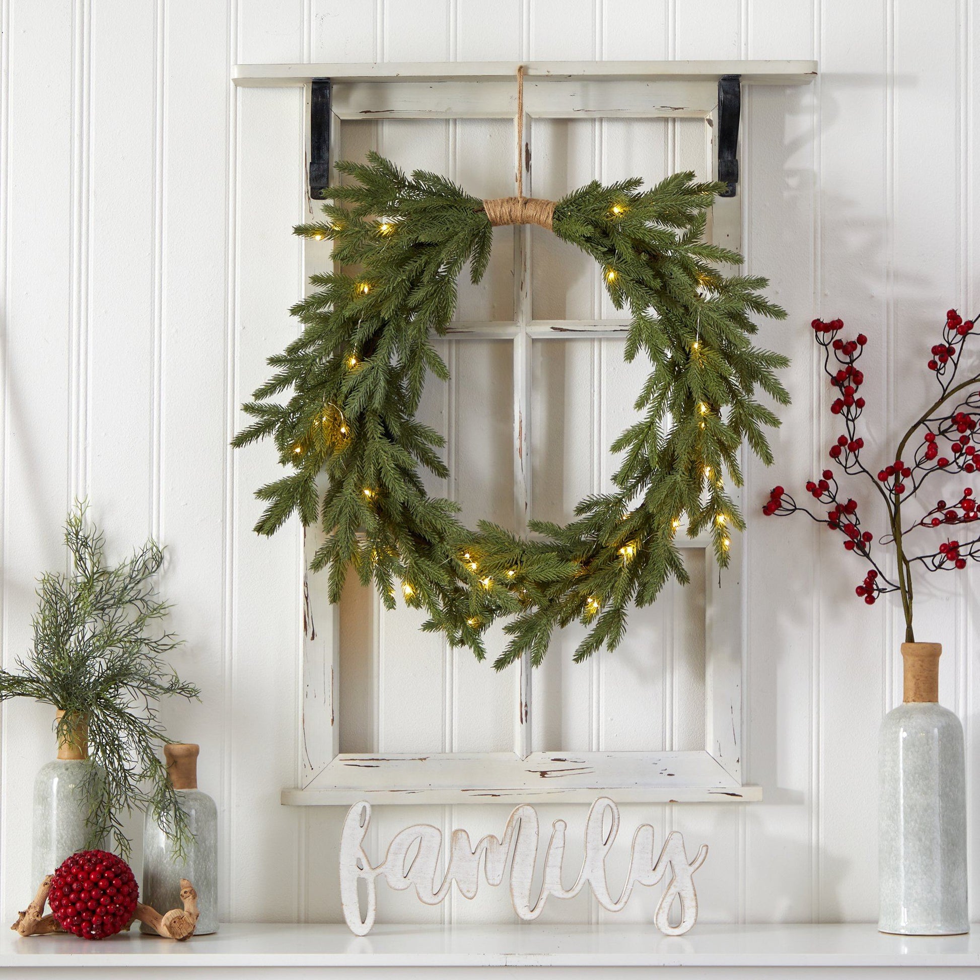 24" Holiday Christmas Pre-Lit Cascading Pine Wreath - TheBOX