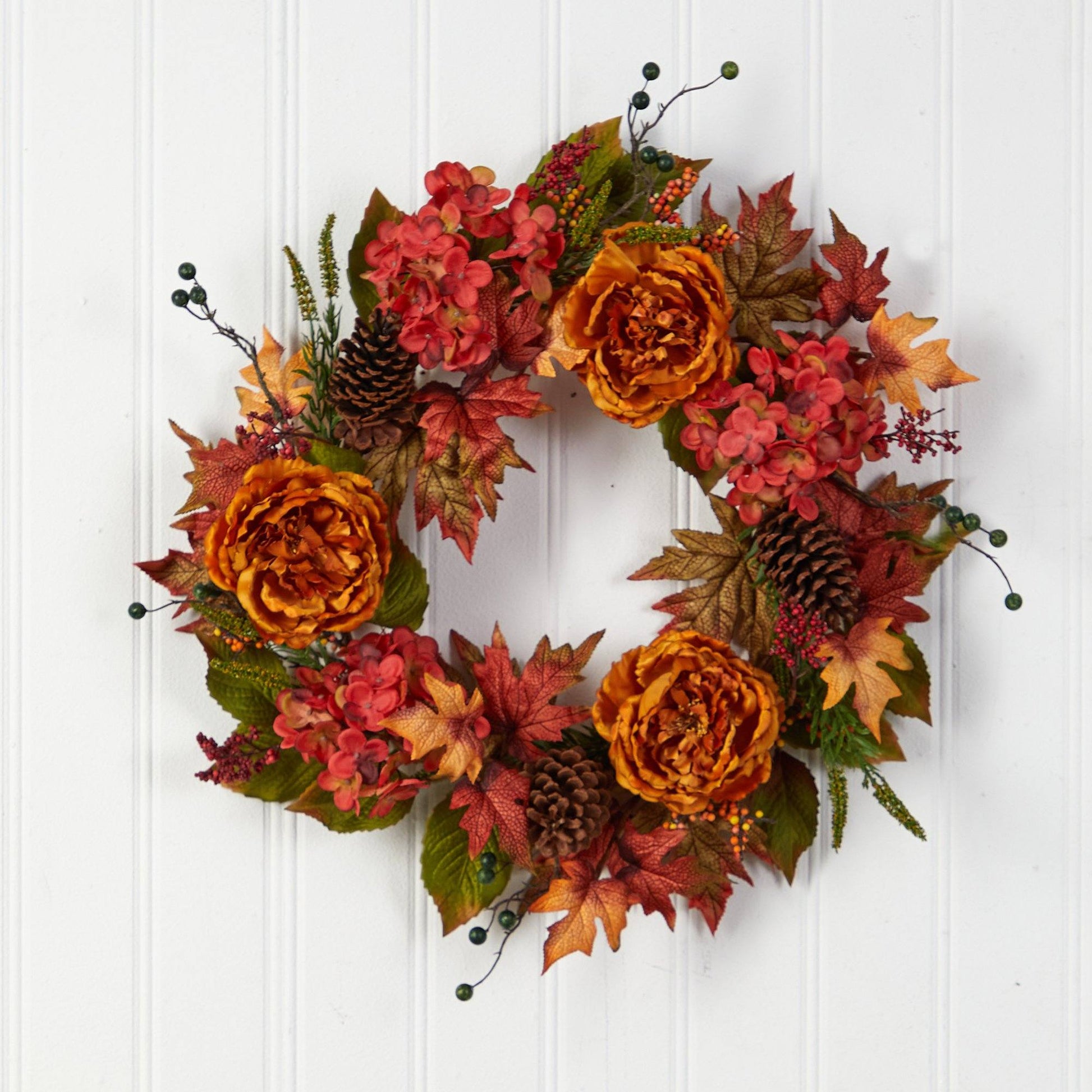 25” Fall Ranunculus, Hydrangea and Berries Autumn Artificial Wreath - TheBOX