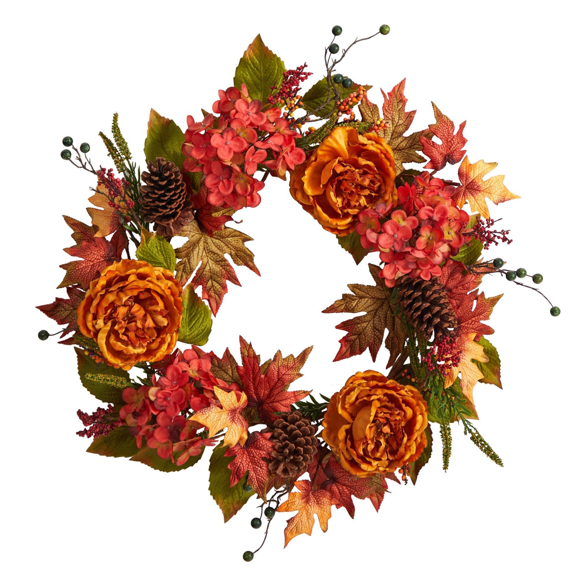 25” Fall Ranunculus, Hydrangea and Berries Autumn Artificial Wreath - TheBOX