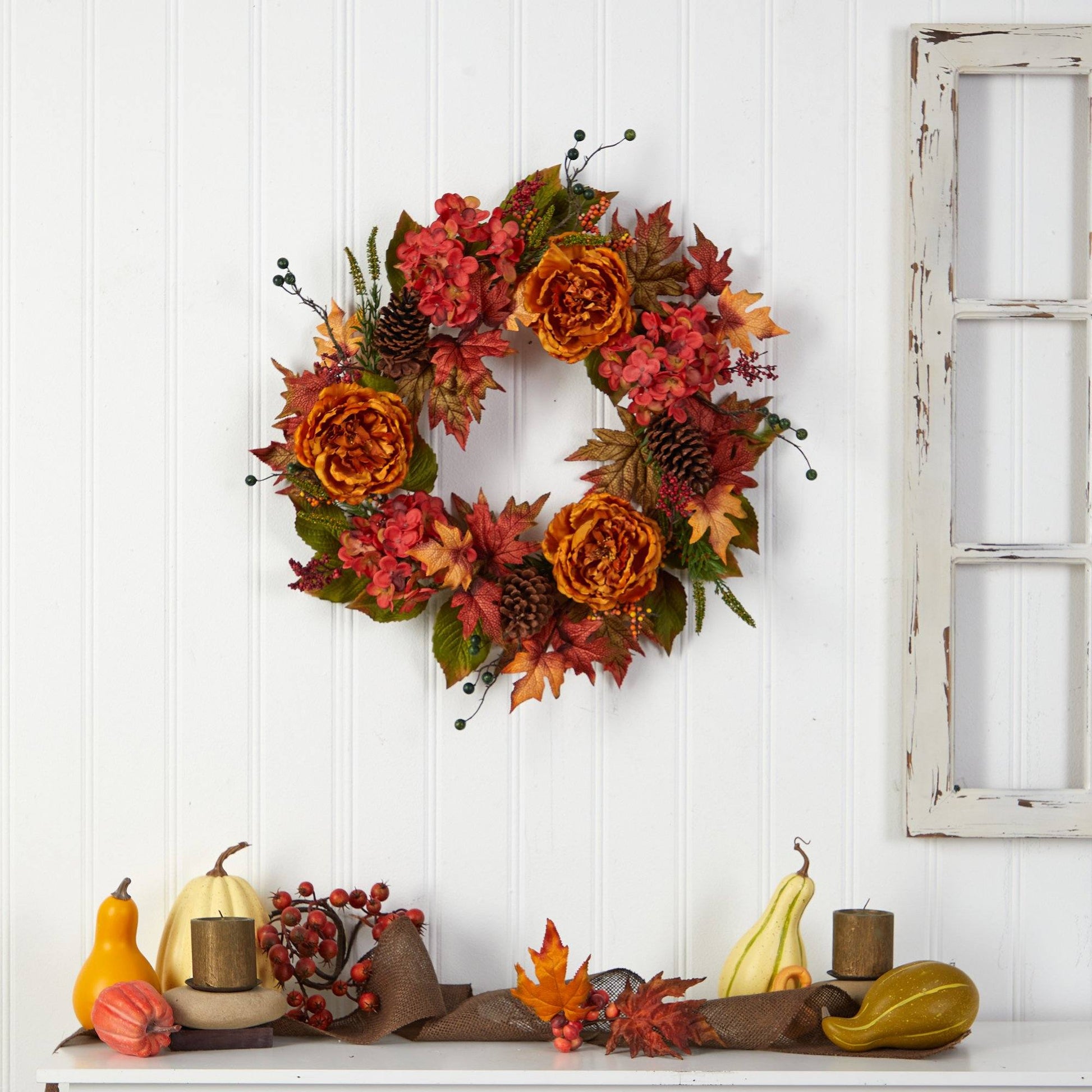 25” Fall Ranunculus, Hydrangea and Berries Autumn Artificial Wreath - TheBOX