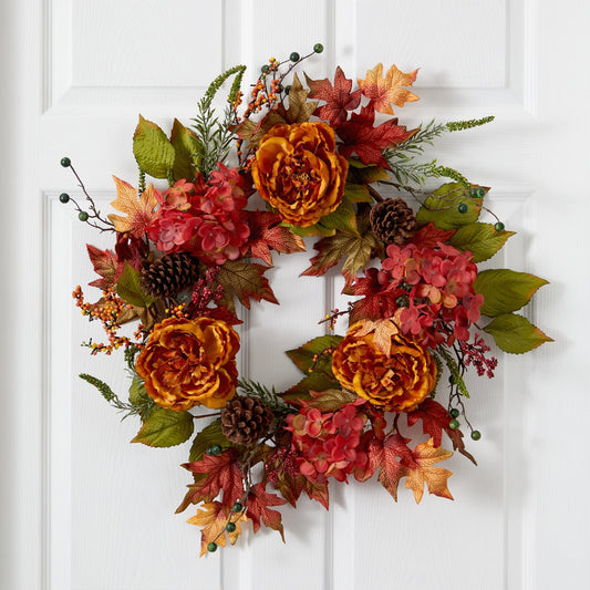 25” Fall Ranunculus, Hydrangea and Berries Autumn Artificial Wreath - TheBOX