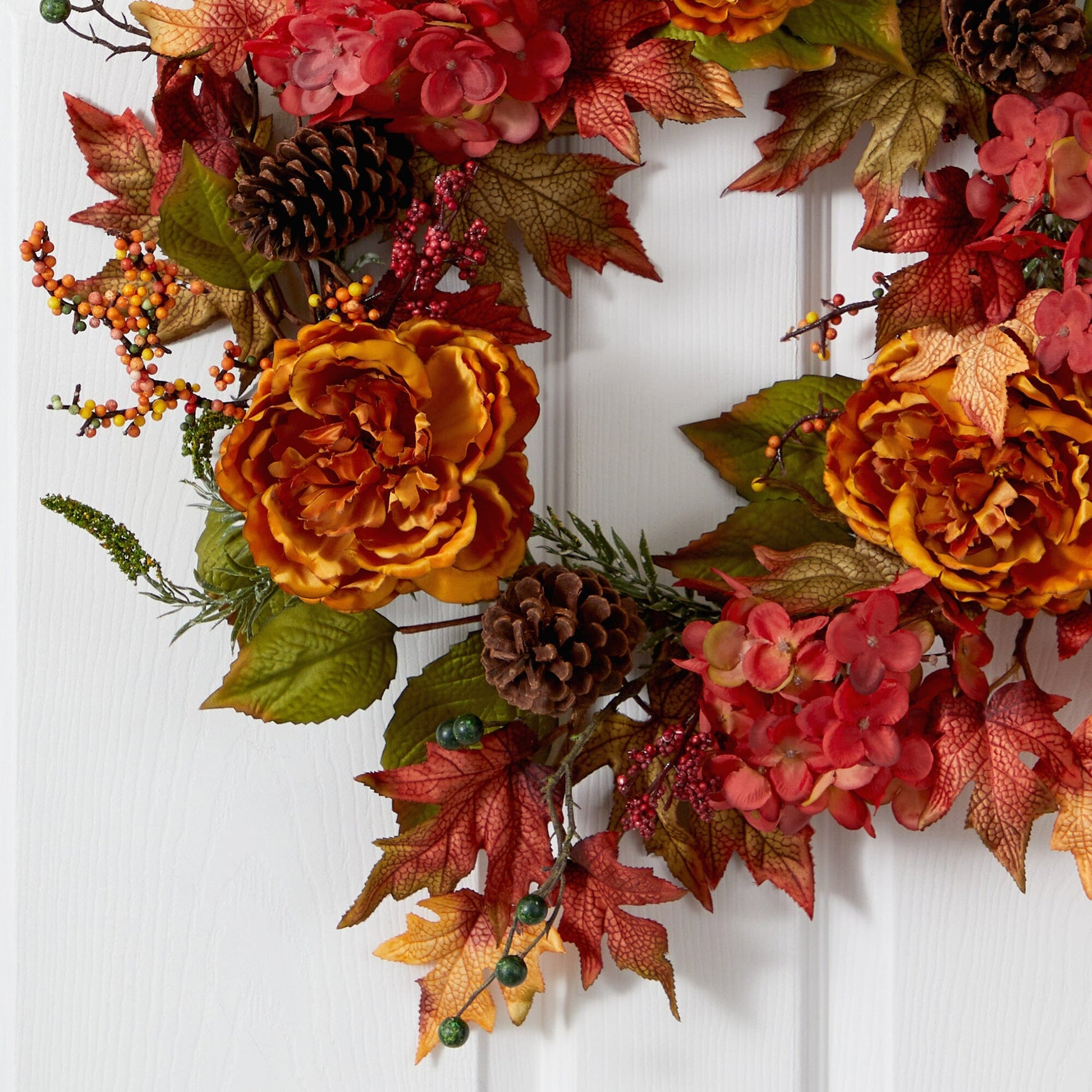 25” Fall Ranunculus, Hydrangea and Berries Autumn Artificial Wreath - TheBOX