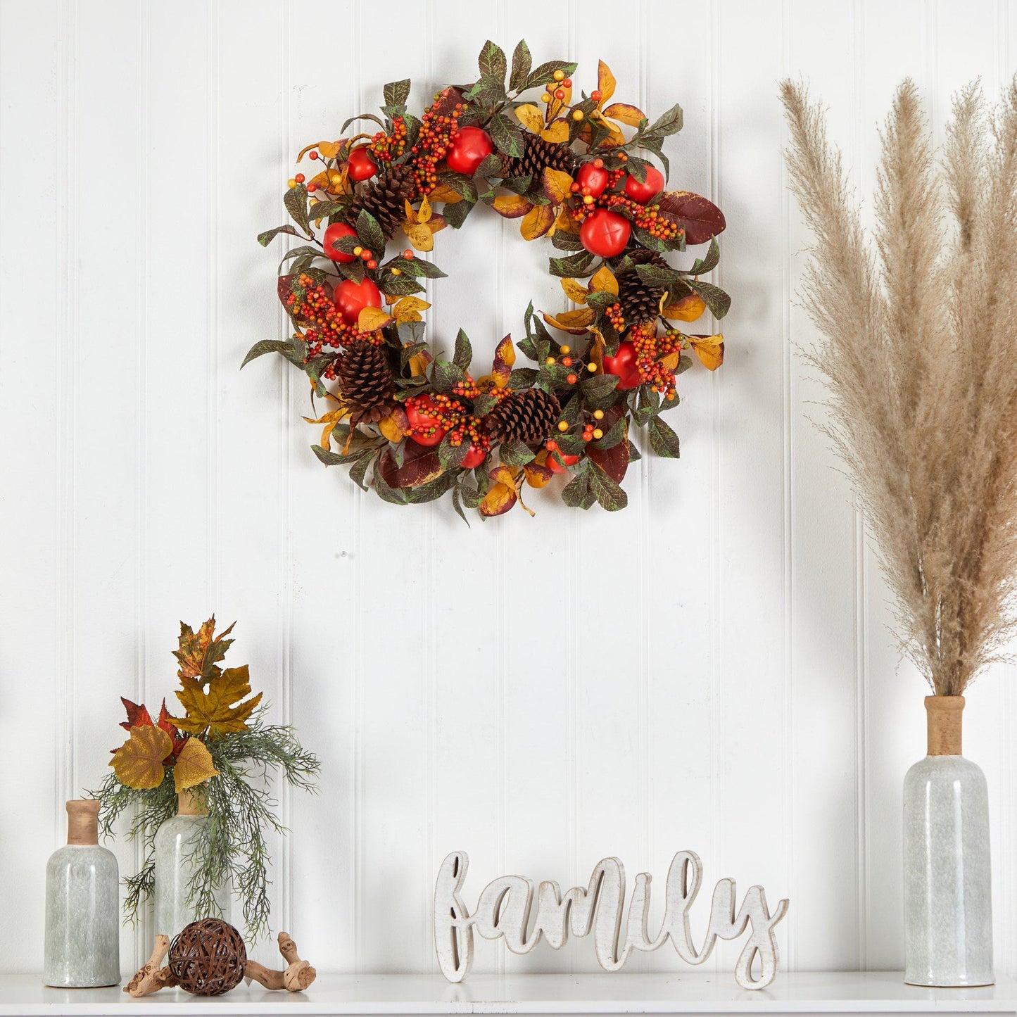 26” Autumn Persimmon and Pinecones Artificial Fall Wreath - TheBOX