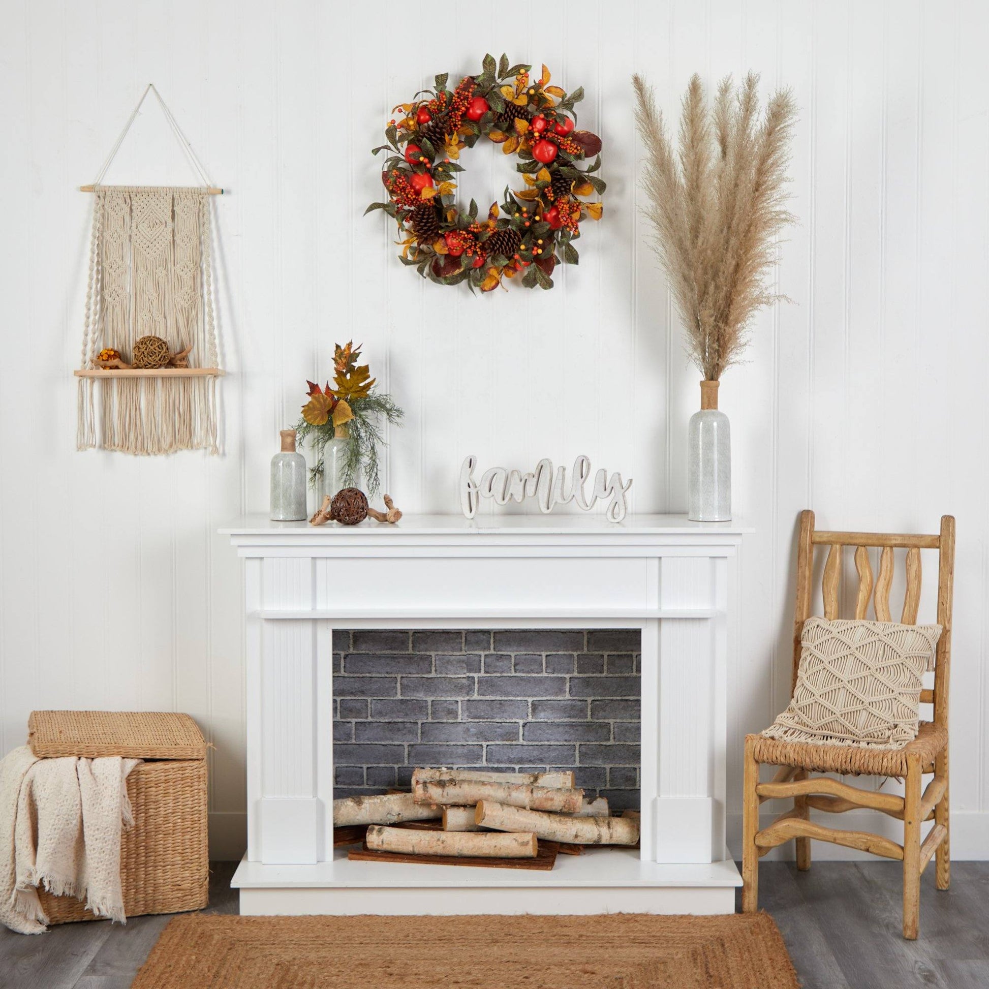 26” Autumn Persimmon and Pinecones Artificial Fall Wreath - TheBOX