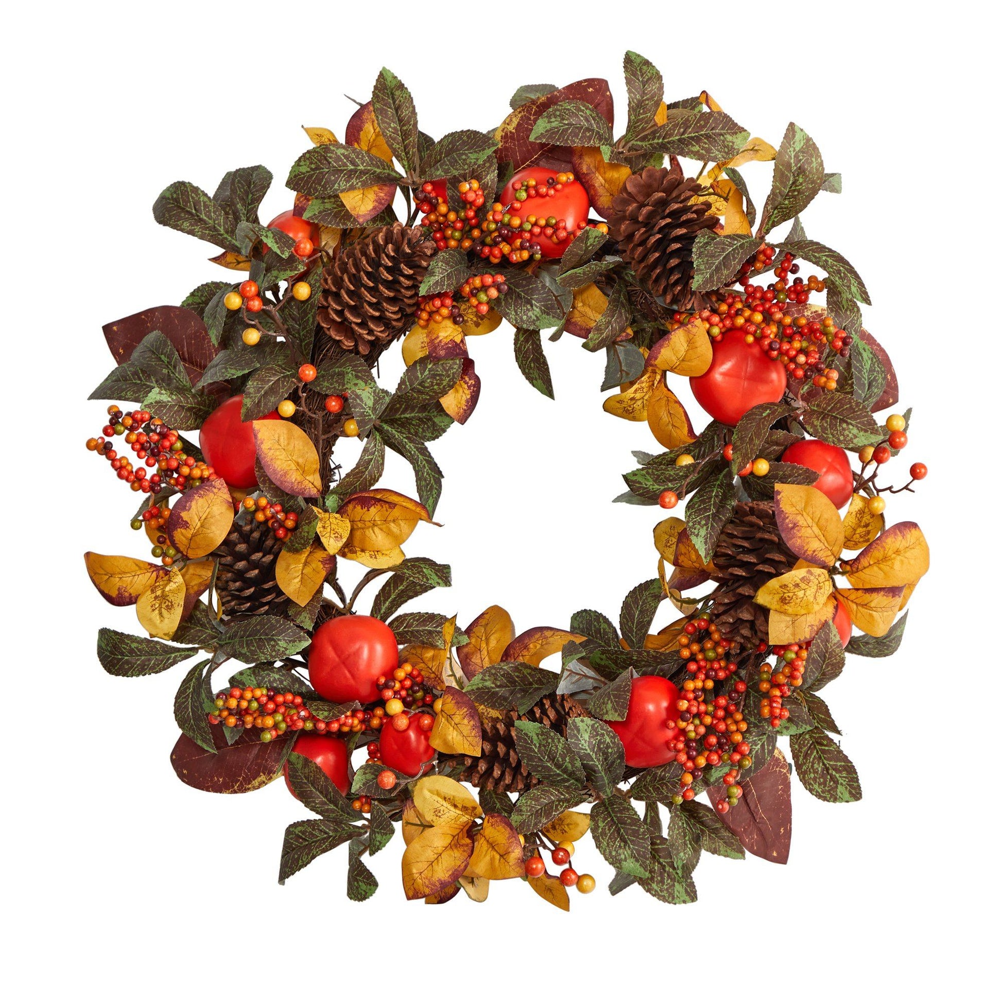 26” Autumn Persimmon and Pinecones Artificial Fall Wreath - TheBOX