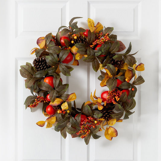 26” Autumn Persimmon and Pinecones Artificial Fall Wreath - TheBOX