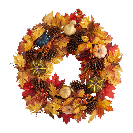 26” Fall Pumpkin, Gourd, Pinecone and Maple Leaf Artificial Autumn Wreath - TheBOX