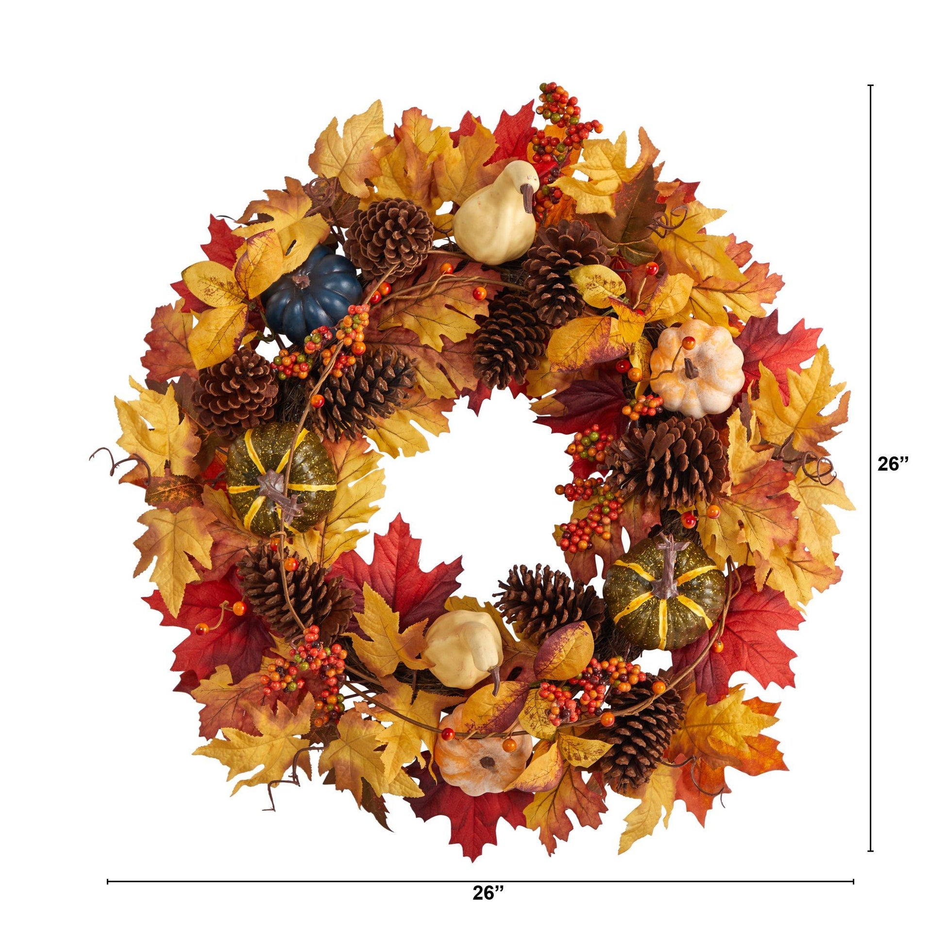 26” Fall Pumpkin, Gourd, Pinecone and Maple Leaf Artificial Autumn Wreath - TheBOX