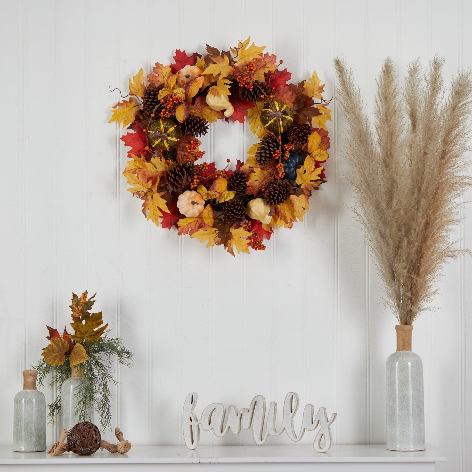 26” Fall Pumpkin, Gourd, Pinecone and Maple Leaf Artificial Autumn Wreath - TheBOX