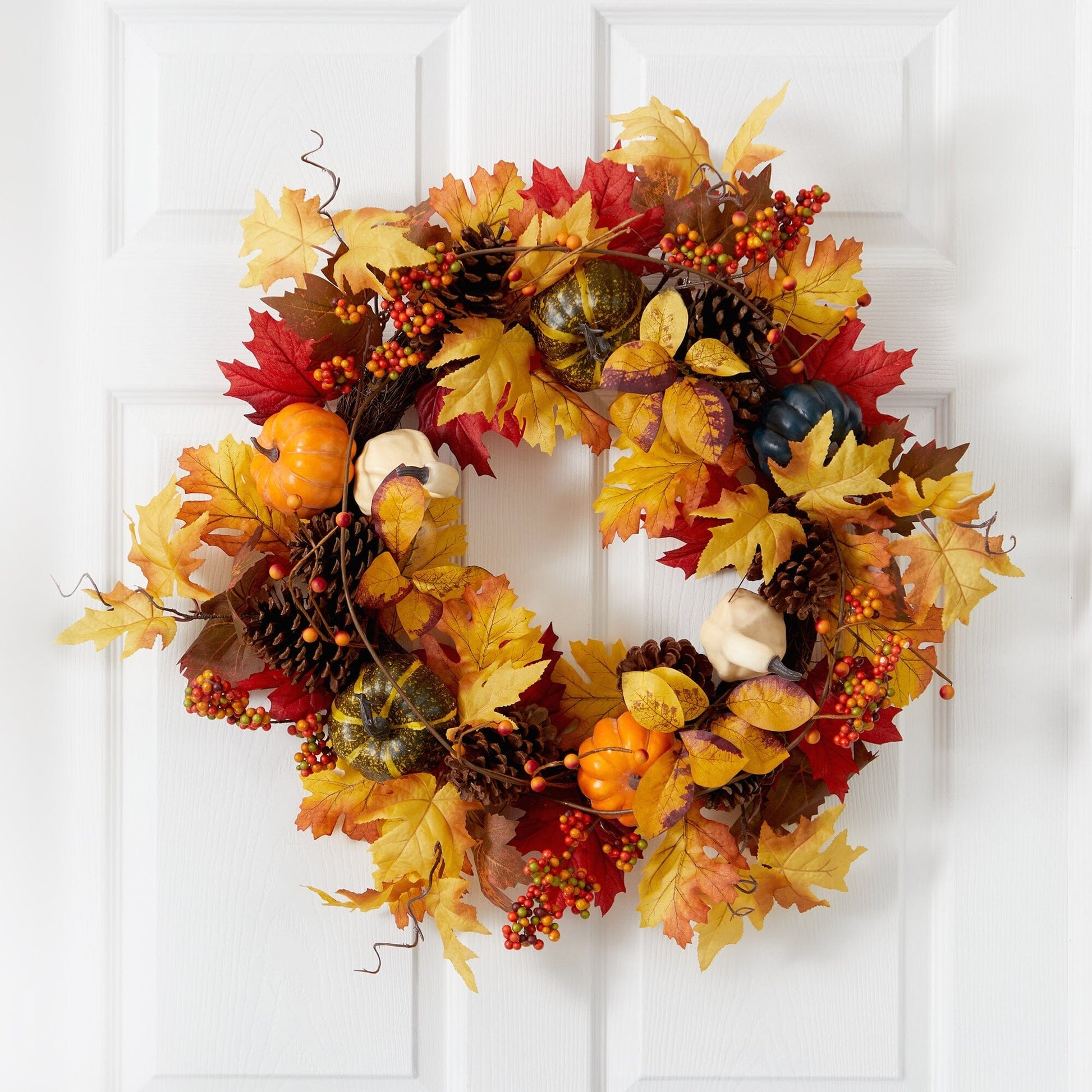 26” Fall Pumpkin, Gourd, Pinecone and Maple Leaf Artificial Autumn Wreath - TheBOX