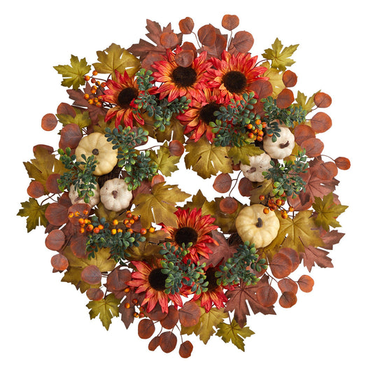 30” Artificial Fall Acorn, Sunflower, Berries and Autumn Foliage Wreath - TheBOX