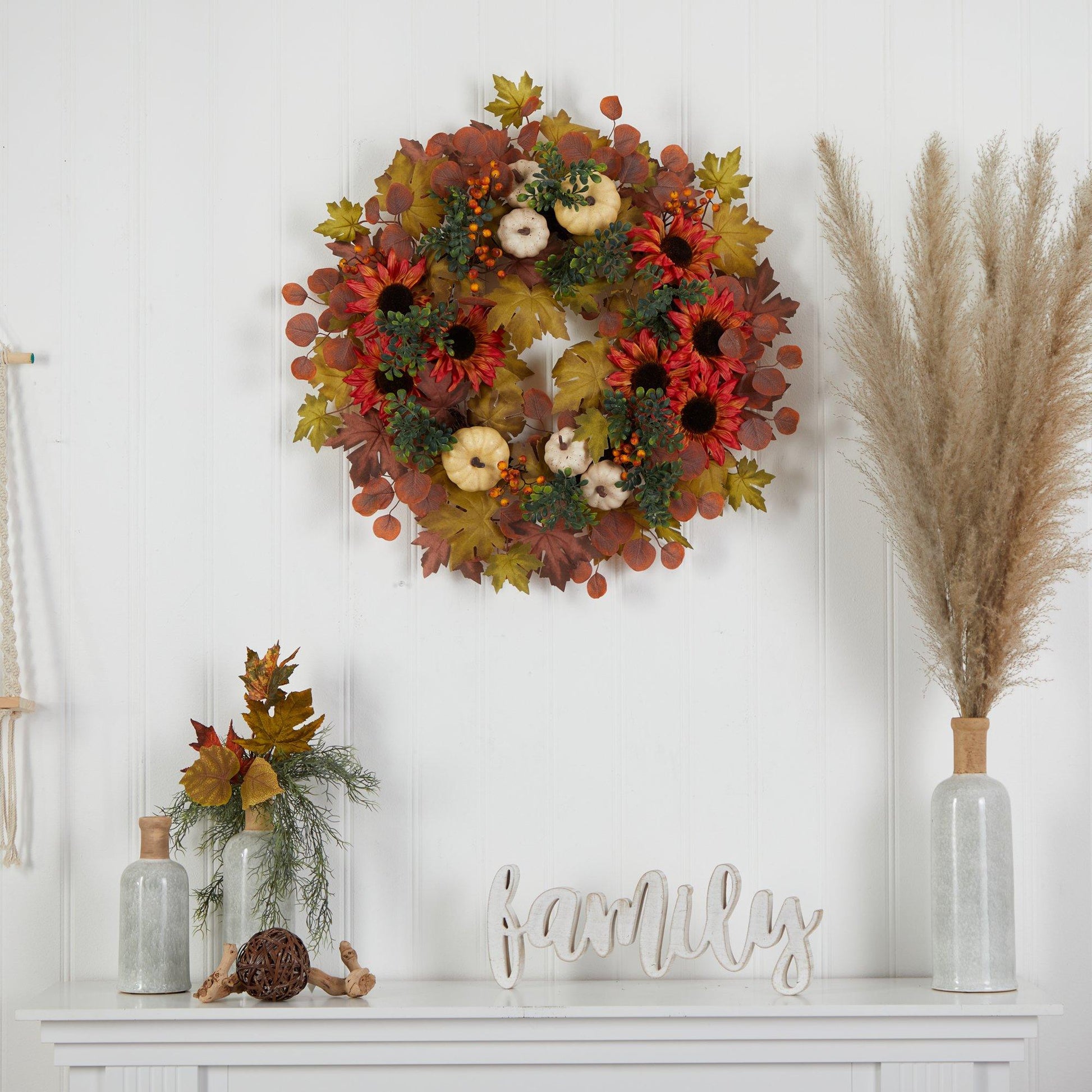 30” Artificial Fall Acorn, Sunflower, Berries and Autumn Foliage Wreath - TheBOX