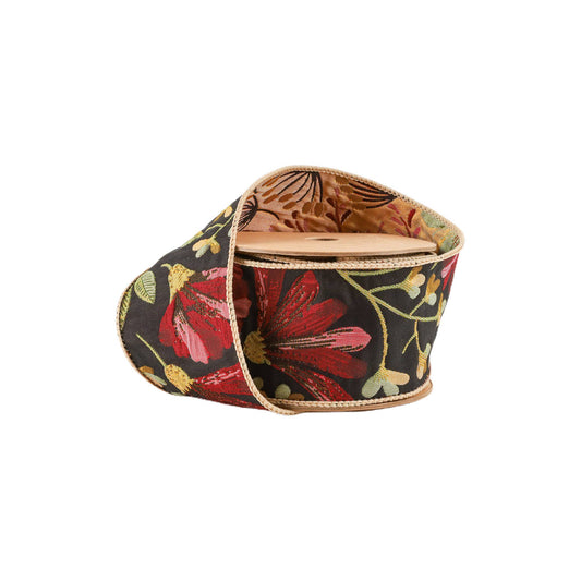 2 1/2" Reversible Floral Tapestry Wired Ribbon | Forest Pale Gold/Black | 5 Yard Roll - TheBOX