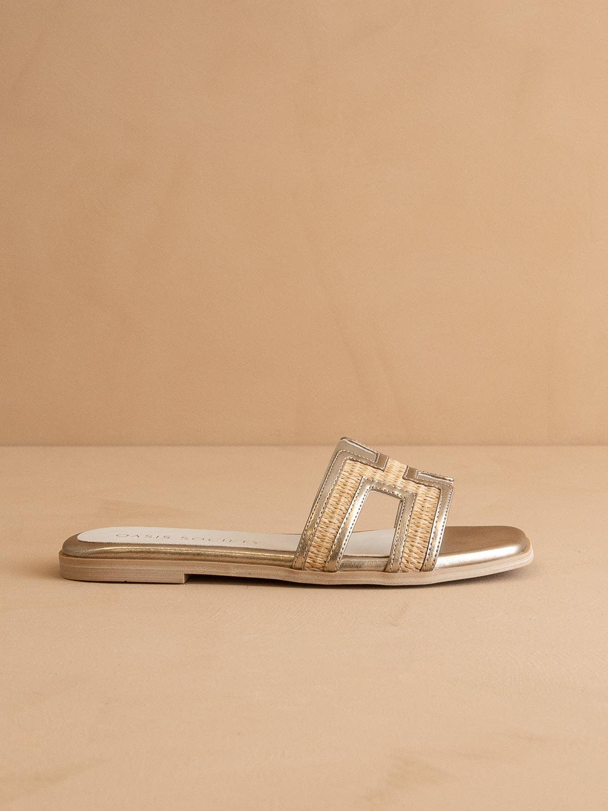 The Riviera Metallic Raffia Slide Sandals - TheBOX