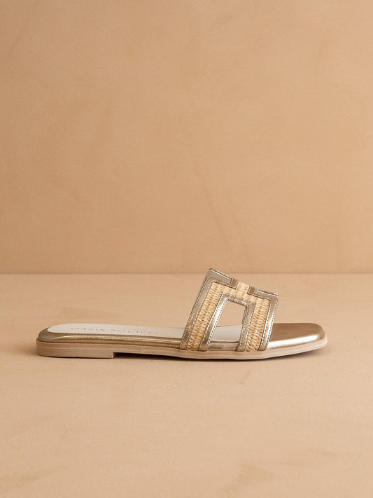 The Riviera Metallic Raffia Slide Sandals - TheBOX