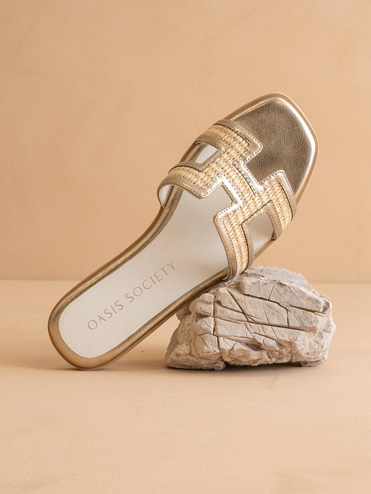The Riviera Metallic Raffia Slide Sandals - TheBOX