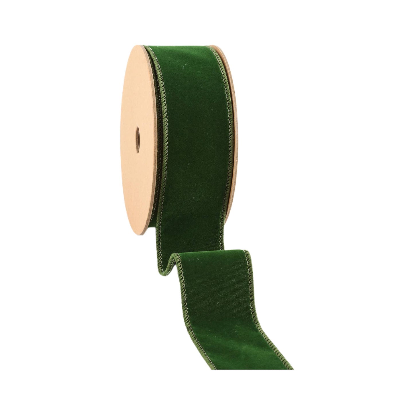 1 1/2" Wired Velvet Spruce Ribbon displayed on a spool, perfect for versatile gift wrapping and decorating.
