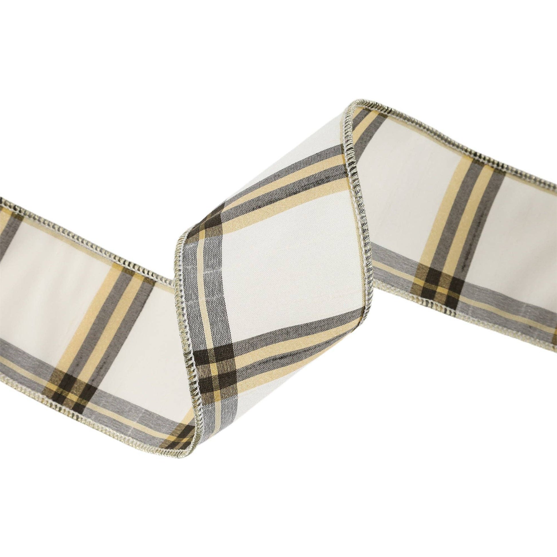 2 1/2" Wired Ribbon | Ivory/Black/Gold Plaid | 10 Yard Roll - TheBOX