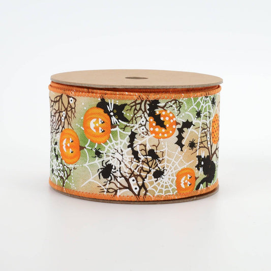 2 1/2" Halloween Wired Ribbon | "Pumpkin Spiderweb" Orange/Multi | 10 Yard Roll - TheBOX