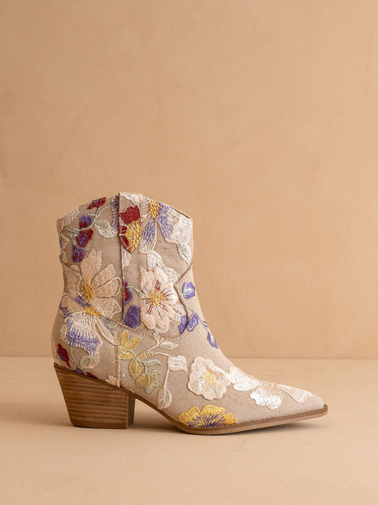 The Jolene|Taupe Floral Applique Western Boot - TheBOX