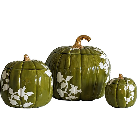 Chinoiserie Pumpkin Jars with 22K Gold Accents in Moss Green - TheBOX