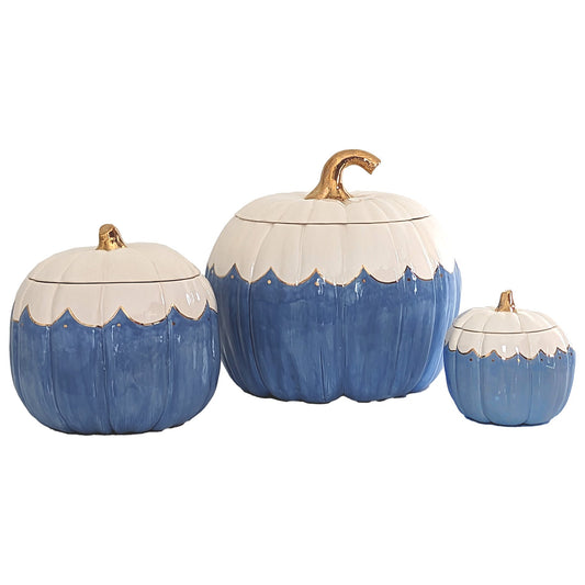 Scalloped Pumpkin Jars with 22K Gold Accents in French Blue - TheBOX